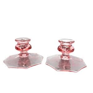 Etched Floral Design Pink Depression Glass Taper Candlestick Holders 5.25" Tall